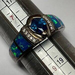 Sterling Silver Ring with Opal and clear stones size 8